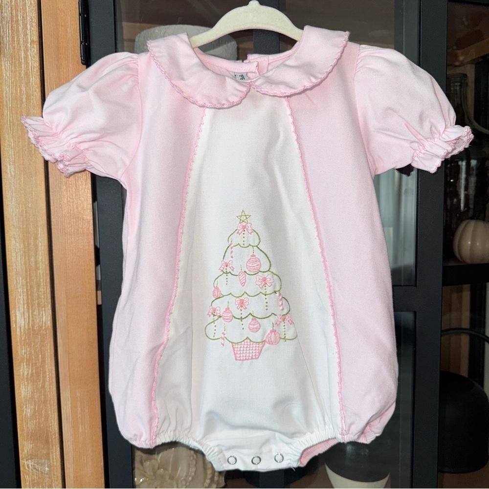 Sweet Dreams Embroidered Christmas Tree Bubble romper peter pan smock baby girl